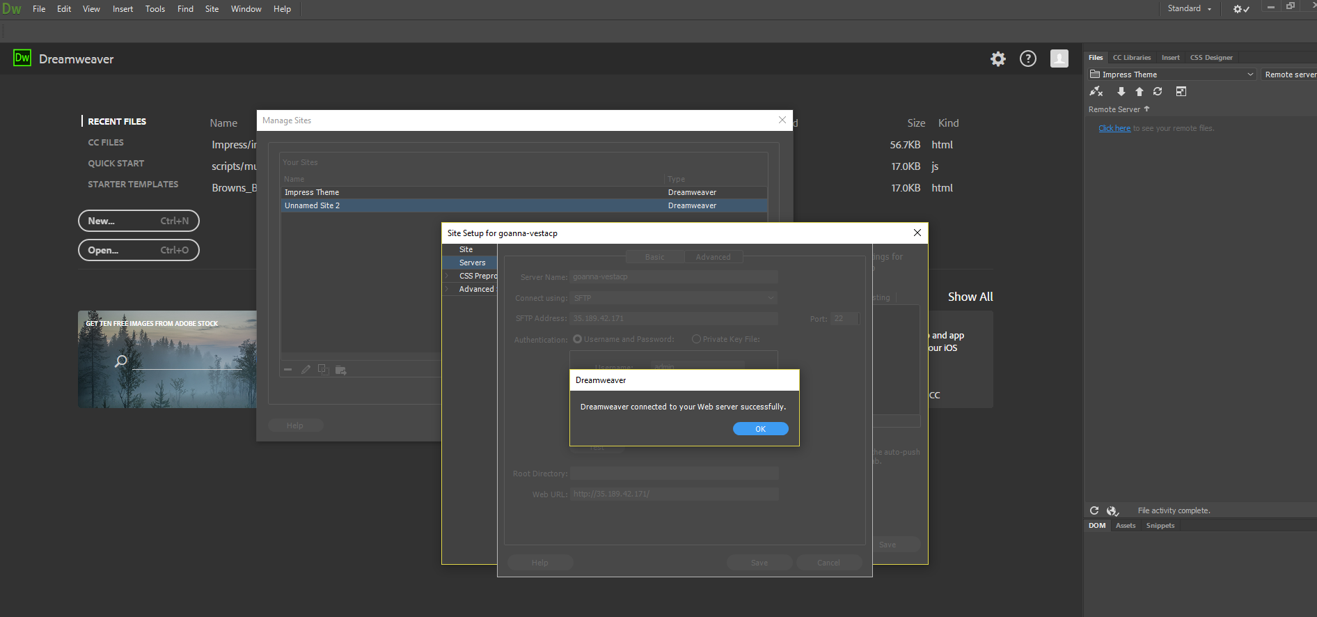 Google Cloud Vestacp sftp Dreamweaver successful connection.png